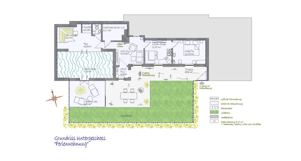 Grundriss der Ferienwohnung mit Raumaufteilung